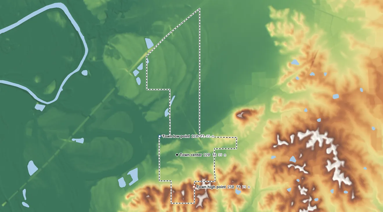 Topographic elevation map of Boligee, Alabama, shaded from 110 ft on the northwest side to 250 ft on the southeast side