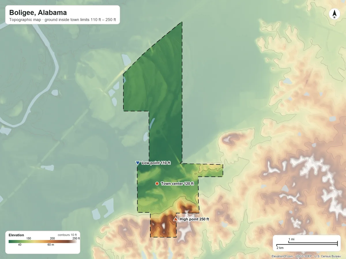 Topographic elevation map of Boligee, Alabama, shaded from 110 ft on the northwest side to 250 ft on the southeast side