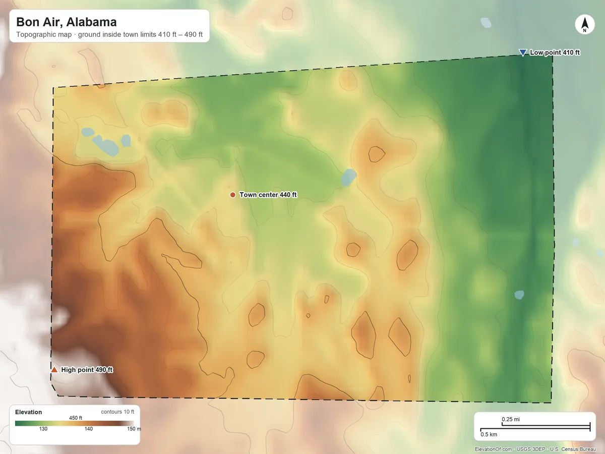 Topographic elevation map of Bon Air, Alabama, shaded from 410 ft on the northeast side to 490 ft on the southwest side