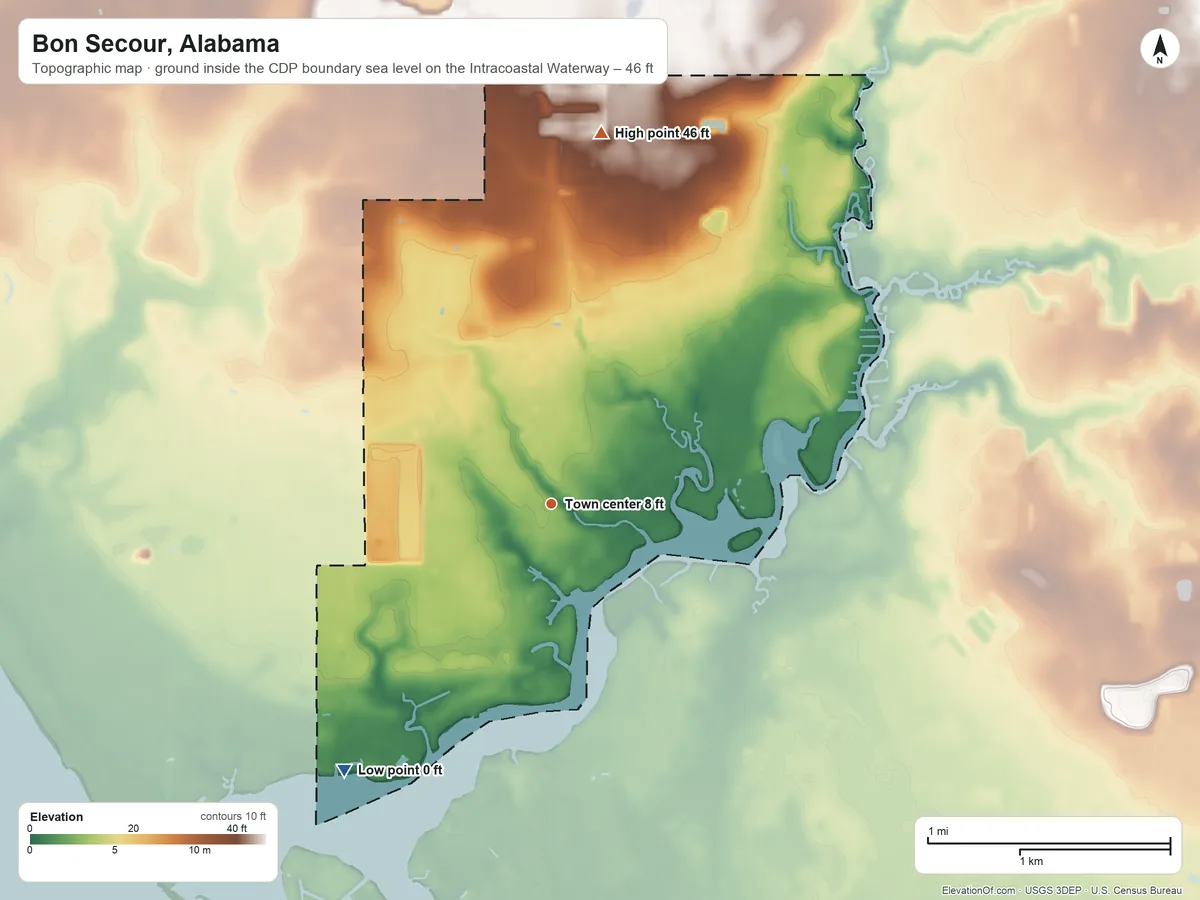 Topographic elevation map of Bon Secour, Alabama, shaded from sea level level on the Intracoastal Waterway to 46 ft on the north side