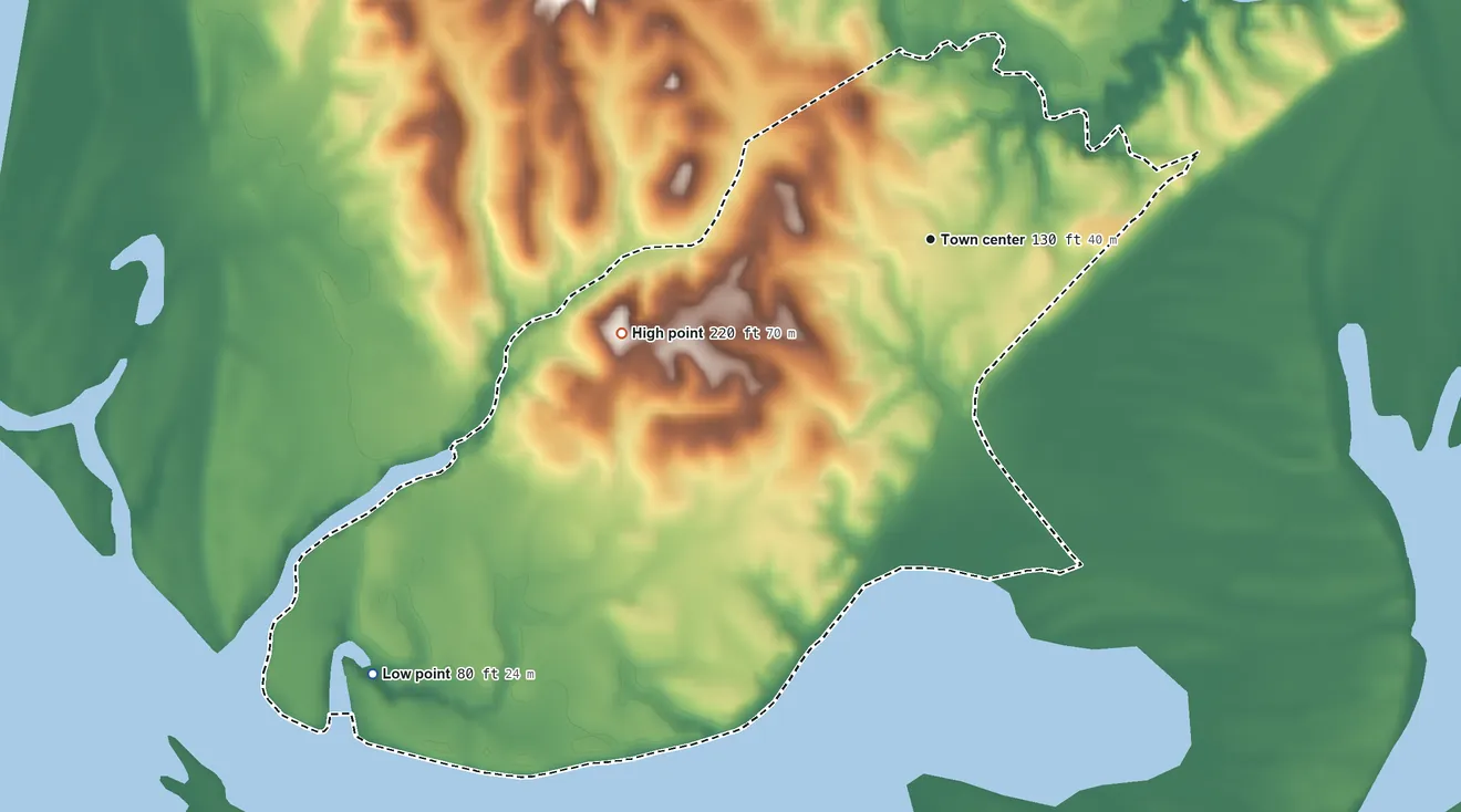Topographic elevation map of Boykin, Alabama, shaded from 80 ft on the southwest side to 220 ft on the west side