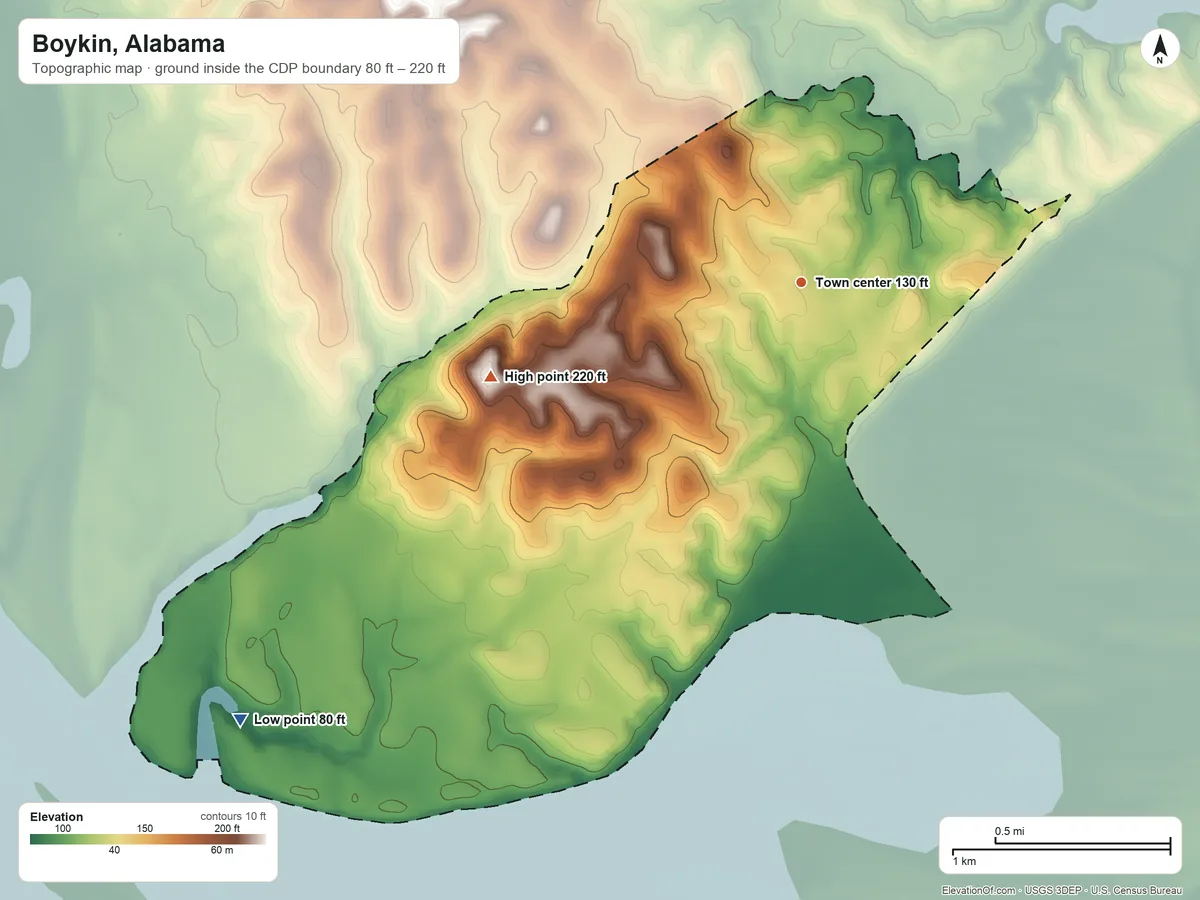 Topographic elevation map of Boykin, Alabama, shaded from 80 ft on the southwest side to 220 ft on the west side