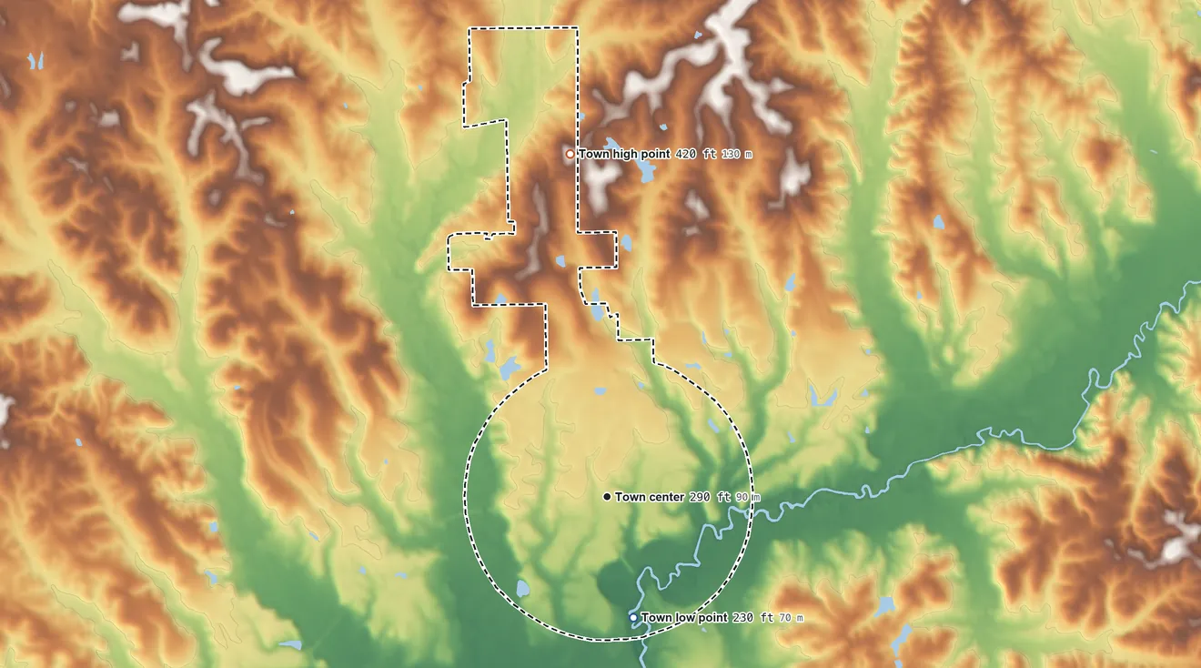Topographic elevation map of Brantley, Alabama, shaded from 230 ft on the south side to 420 ft on the north side