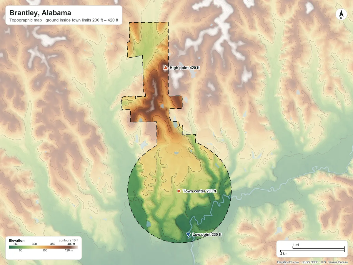 Topographic elevation map of Brantley, Alabama, shaded from 230 ft on the south side to 420 ft on the north side