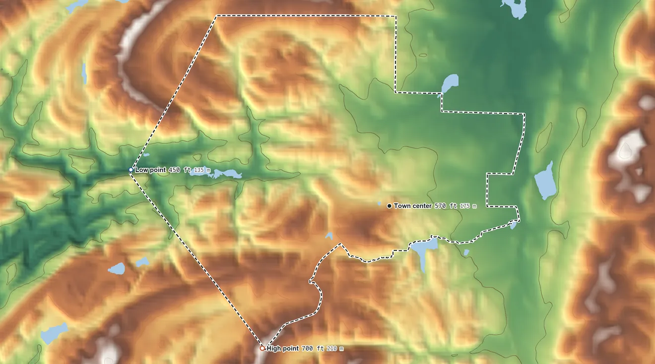 Topographic elevation map of Brantleyville, Alabama, shaded from 450 ft on the west side to 700 ft on the southwest side