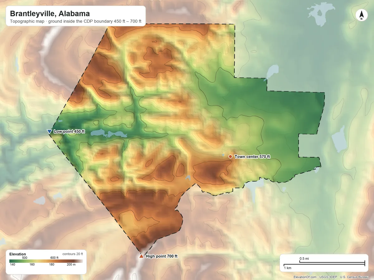 Topographic elevation map of Brantleyville, Alabama, shaded from 450 ft on the west side to 700 ft on the southwest side