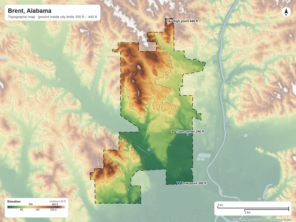 Topographic elevation map of Brent, Alabama, shaded from 200 ft on the south side to 440 ft on the north side