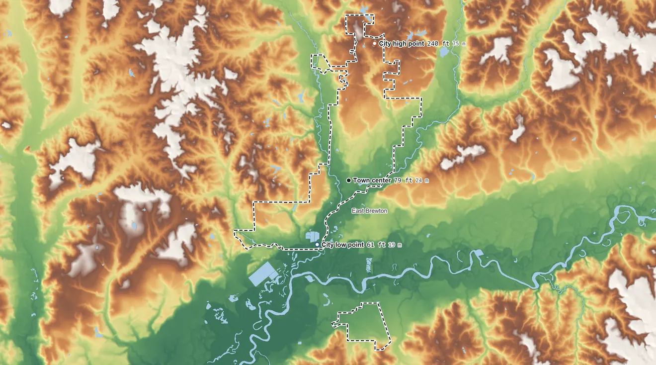 Topographic elevation map of Brewton, Alabama, shaded from 61 ft on the southwest side to 240 ft on the north side