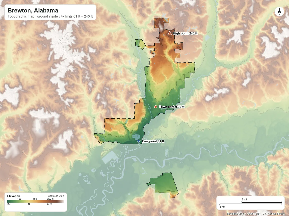 Topographic elevation map of Brewton, Alabama, shaded from 61 ft on the southwest side to 240 ft on the north side