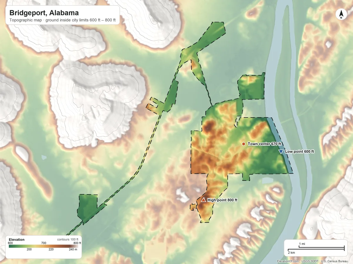 Topographic elevation map of Bridgeport, Alabama, shaded from 600 ft on the east side to 800 ft on the southwest side