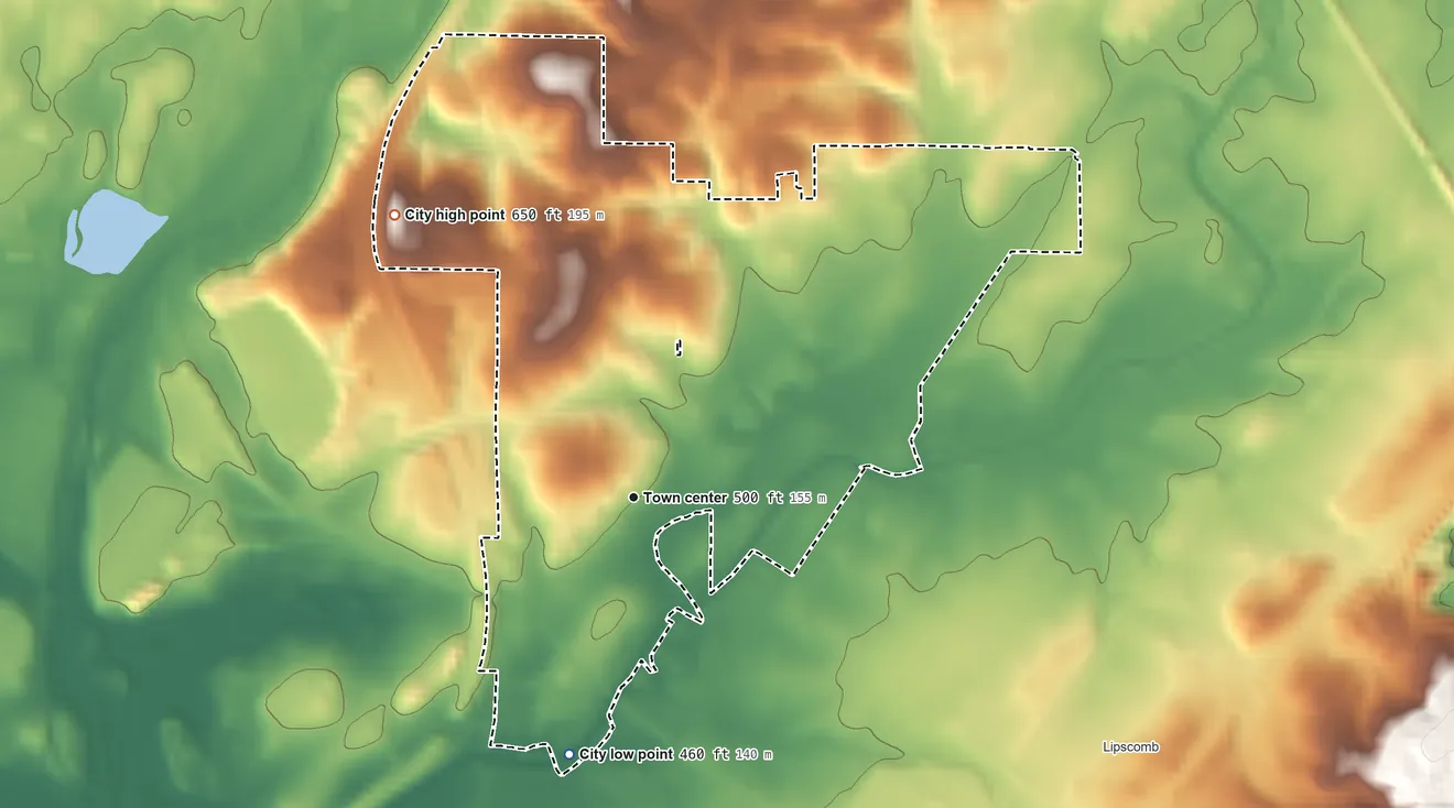 Topographic elevation map of Brighton, Alabama, shaded from 460 ft on the south side to 650 ft on the northwest side