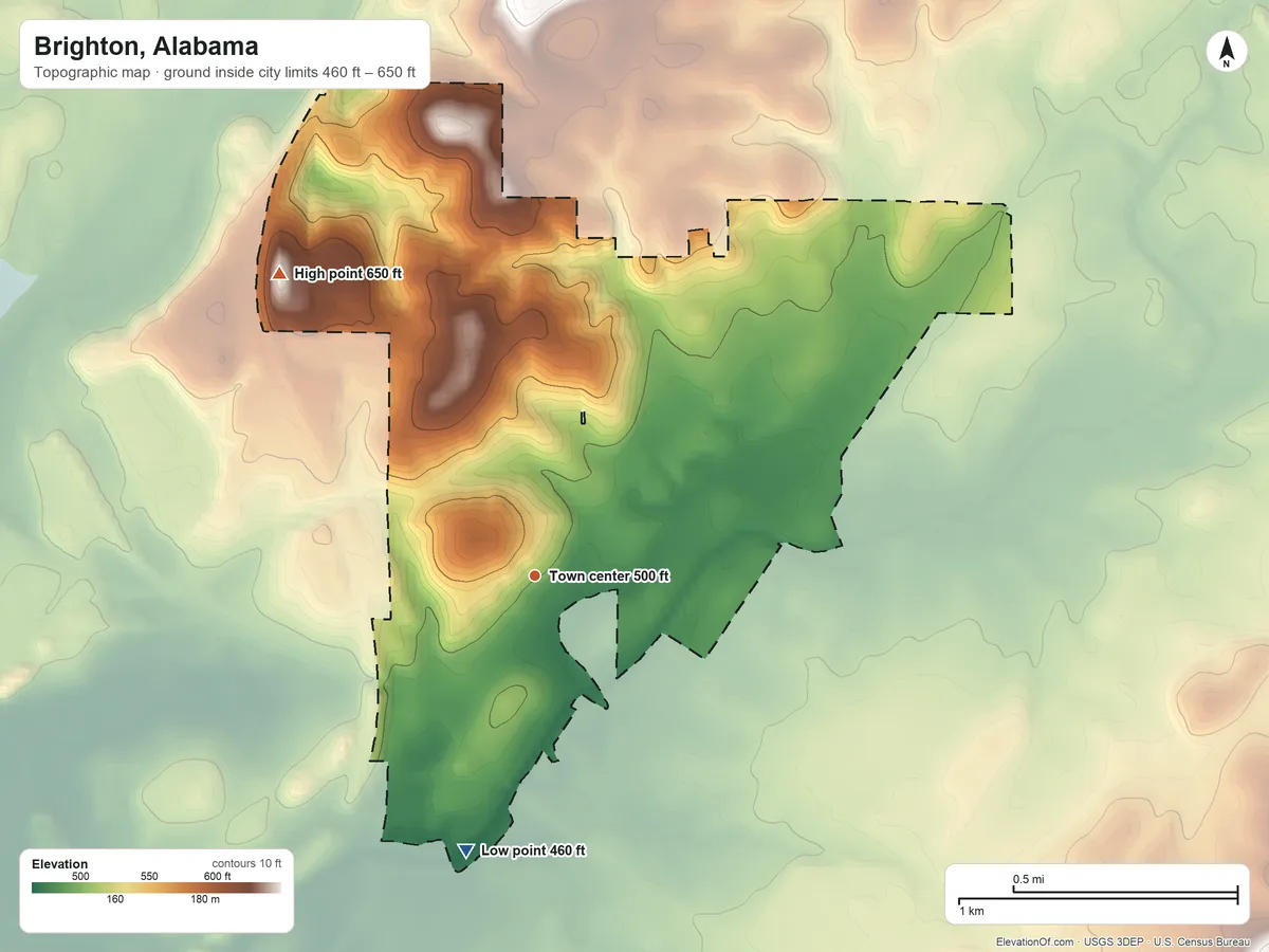 Topographic elevation map of Brighton, Alabama, shaded from 460 ft on the south side to 650 ft on the northwest side