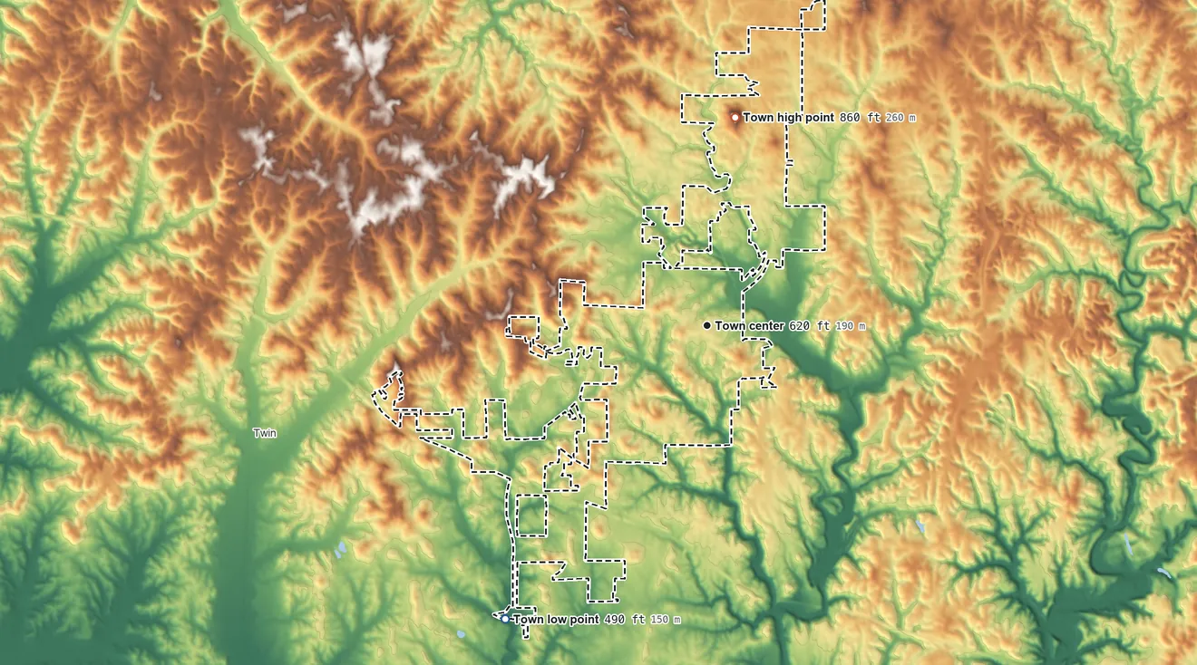 Topographic elevation map of Brilliant, Alabama, shaded from 490 ft on the southwest side to 860 ft on the north side