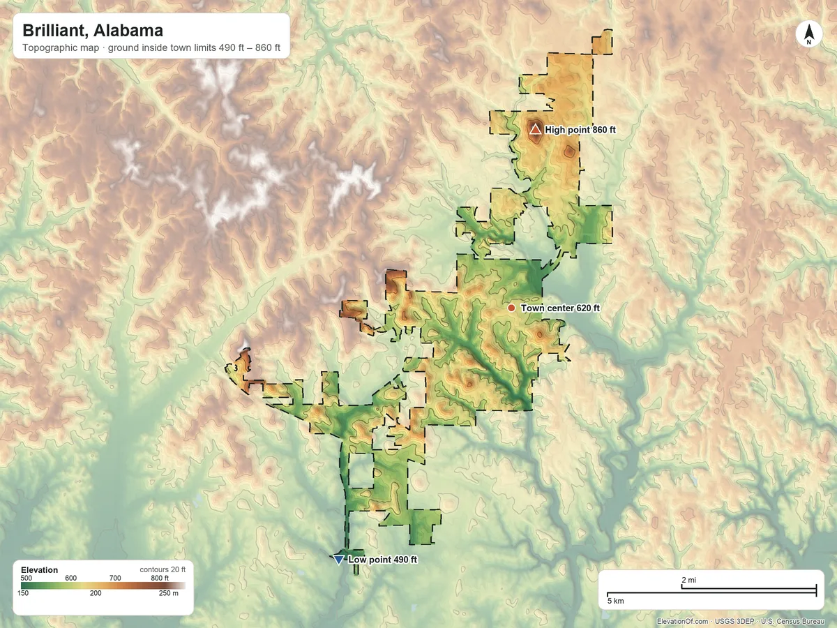 Topographic elevation map of Brilliant, Alabama, shaded from 490 ft on the southwest side to 860 ft on the north side