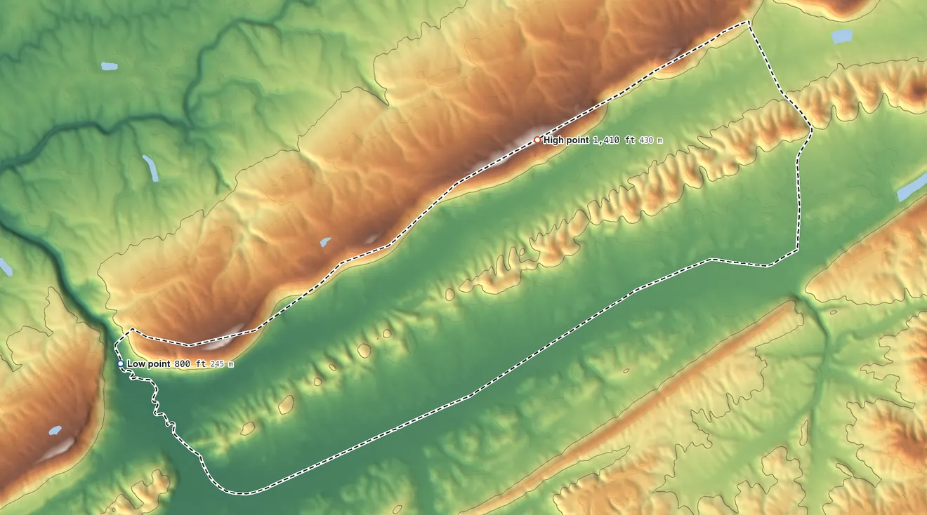Topographic elevation map of Bristow Cove, Alabama, shaded from 800 ft on the west side to 1,410 ft on the north side