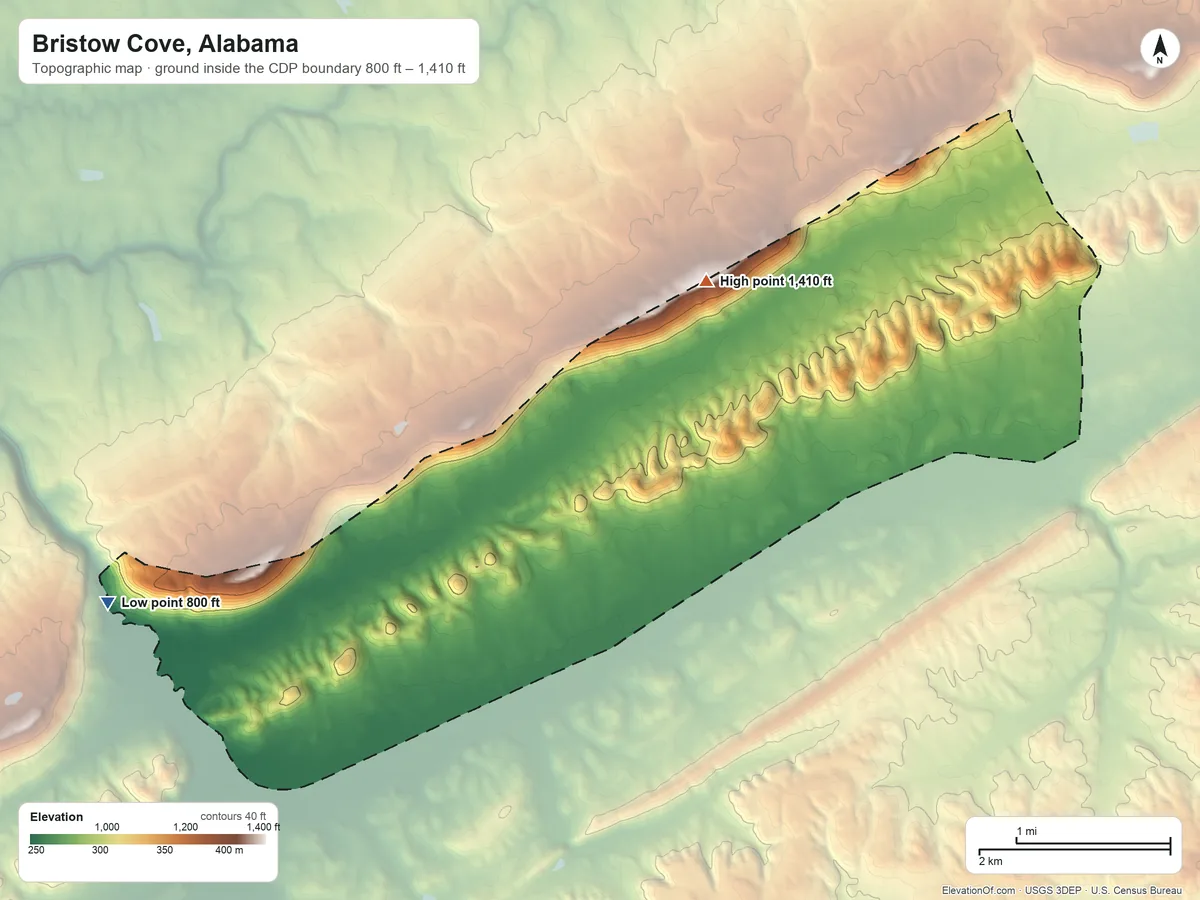 Topographic elevation map of Bristow Cove, Alabama, shaded from 800 ft on the west side to 1,410 ft on the north side