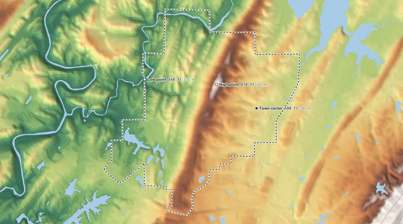 Topographic elevation map of Brook Highland, Alabama, shaded from 440 ft on the west side to 870 ft on the northwest side