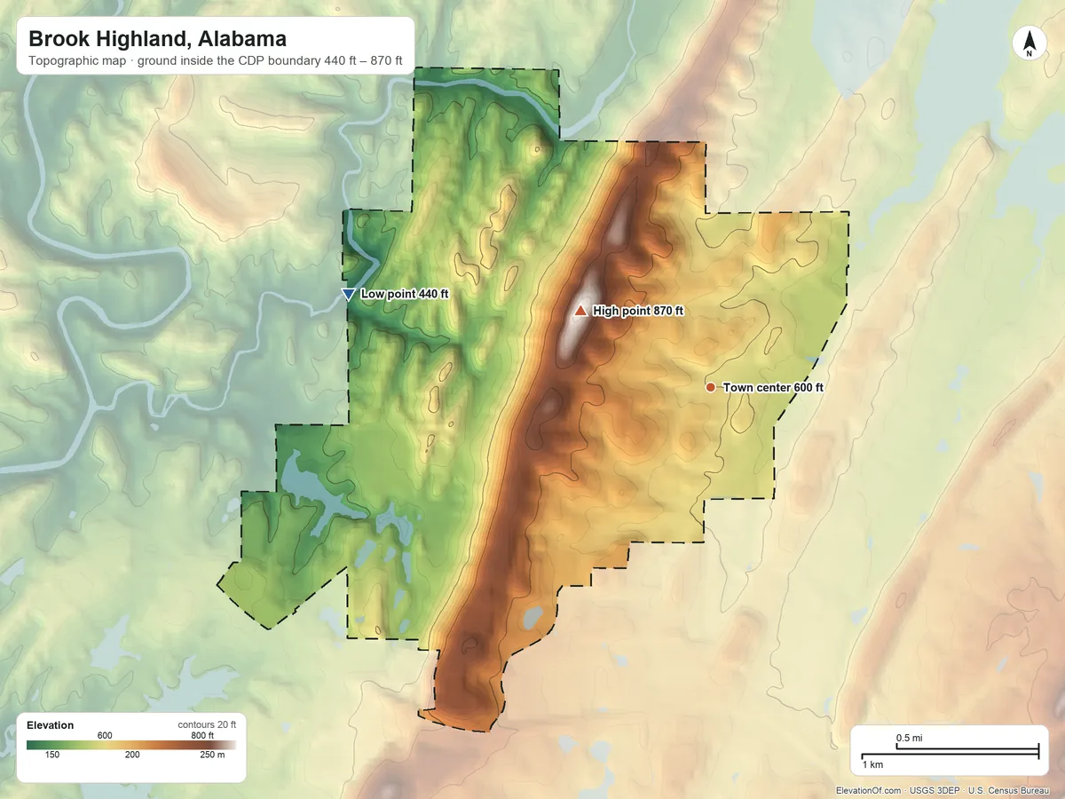 Topographic elevation map of Brook Highland, Alabama, shaded from 440 ft on the west side to 870 ft on the northwest side