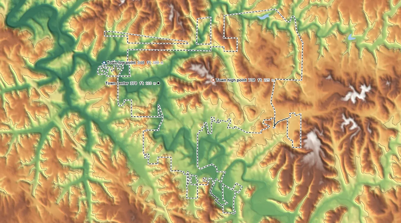 Topographic elevation map of Brookside, Alabama, shaded from 340 ft on the west side to 730 ft on the east side