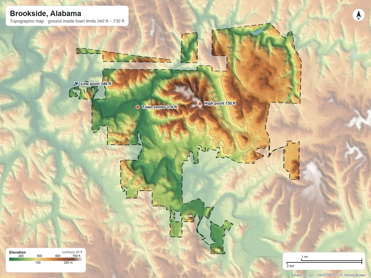 Topographic elevation map of Brookside, Alabama, shaded from 340 ft on the west side to 730 ft on the east side