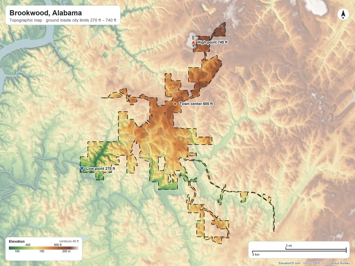 Topographic elevation map of Brookwood, Alabama, shaded from 270 ft on the southwest side to 740 ft on the north side
