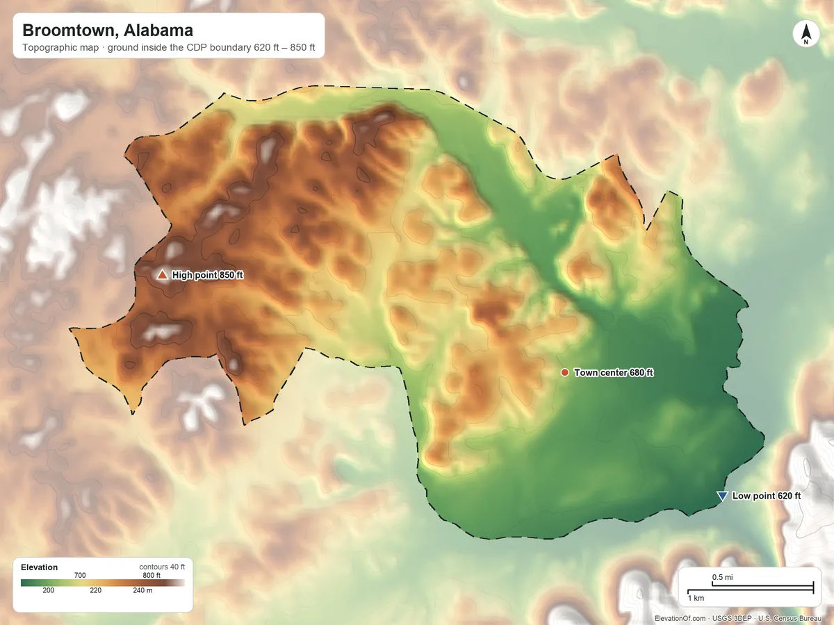 Topographic elevation map of Broomtown, Alabama, shaded from 620 ft on the southeast side to 850 ft on the west side