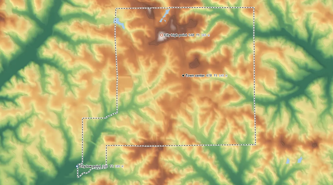 Topographic elevation map of Brundidge, Alabama, shaded from 340 ft on the southwest side to 540 ft on the northwest side