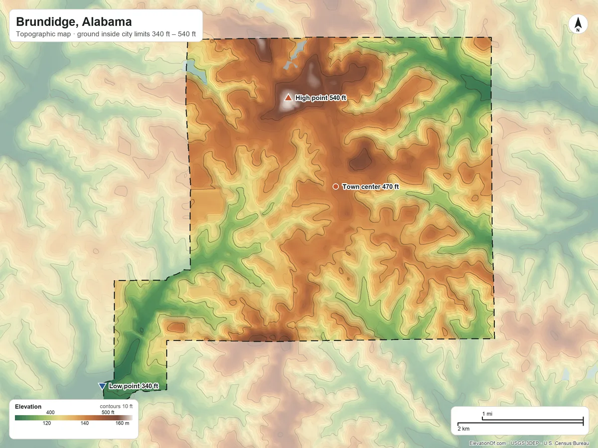 Topographic elevation map of Brundidge, Alabama, shaded from 340 ft on the southwest side to 540 ft on the northwest side
