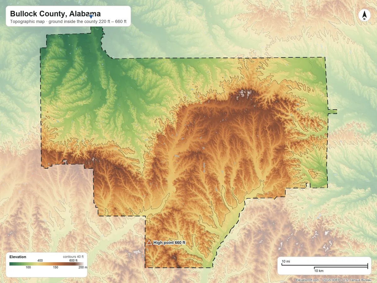 Topographic elevation map of Bullock County, Alabama, shaded from 220 ft on the northwest side to 660 ft on Wolfpit Hill