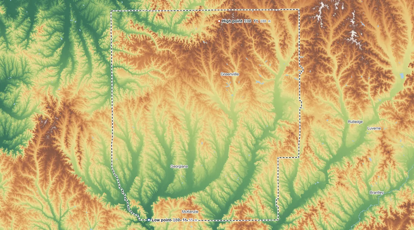 Topographic elevation map of Butler County, Alabama, shaded from 180 ft on the southwest side to 590 ft on the north side