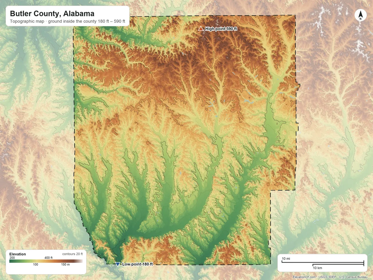 Topographic elevation map of Butler County, Alabama, shaded from 180 ft on the southwest side to 590 ft on the north side