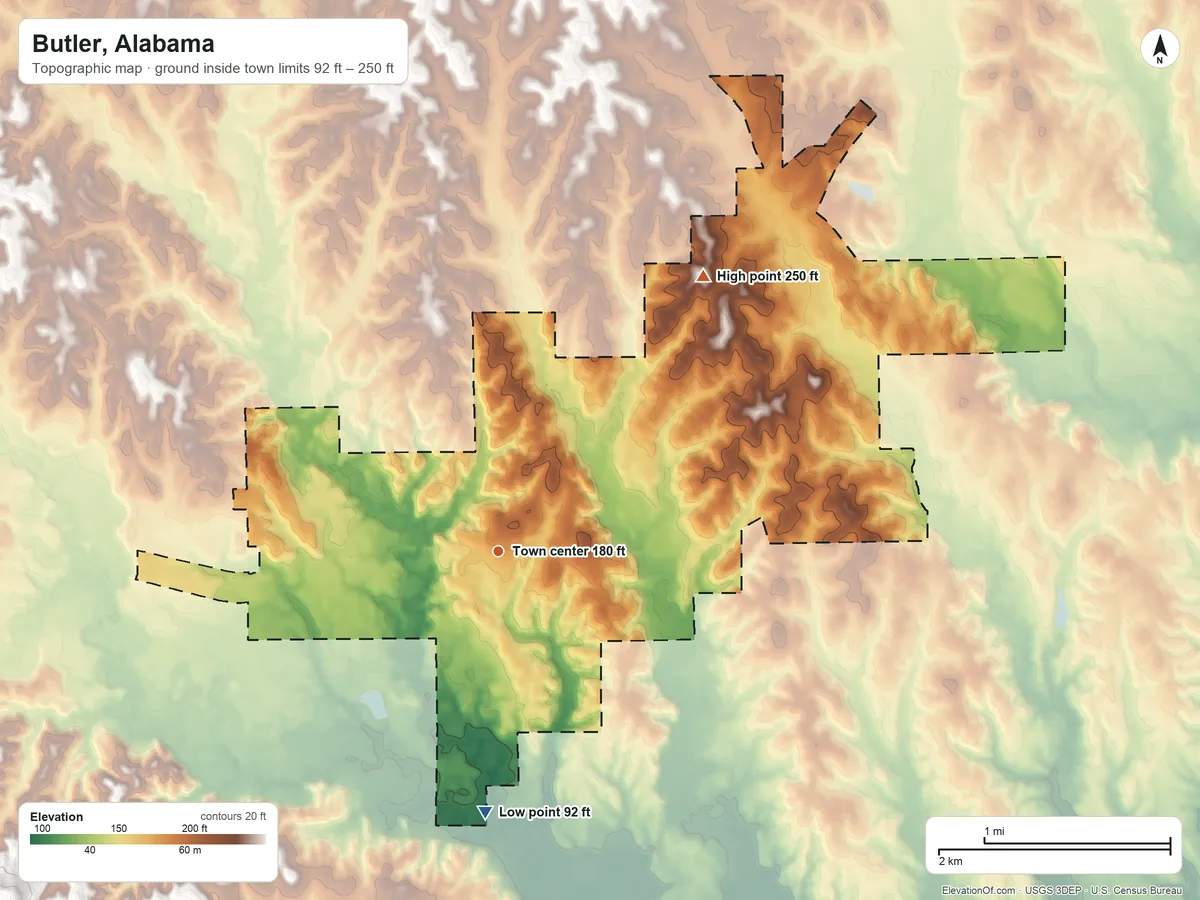 Topographic elevation map of Butler, Alabama, shaded from 92 ft on the south side to 250 ft on the northeast side