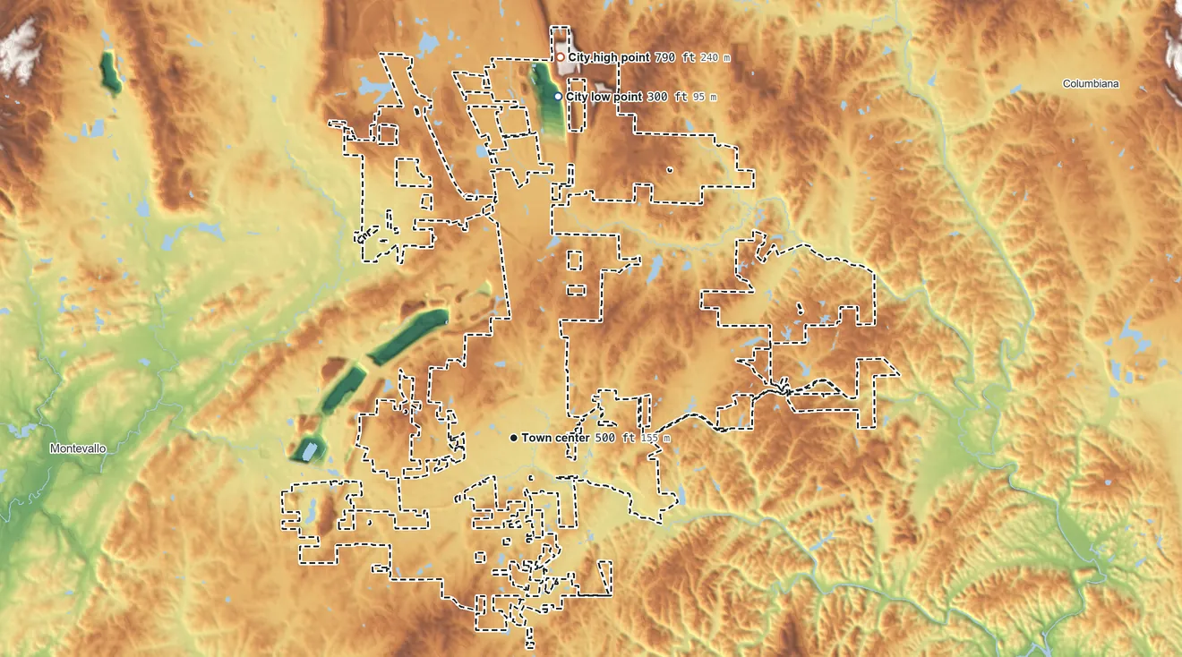 Topographic elevation map of Calera, Alabama, shaded from 300 ft on the north side to 790 ft on the north side