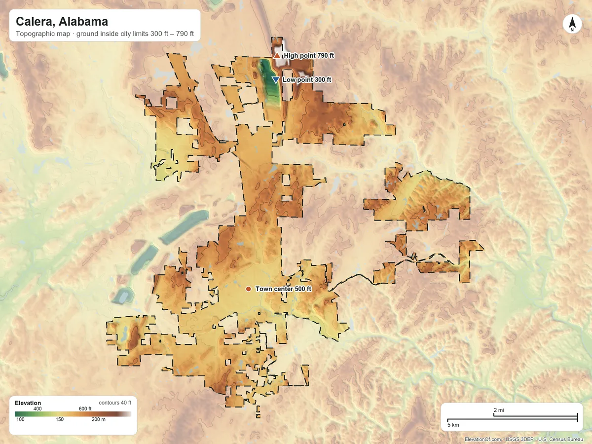 Topographic elevation map of Calera, Alabama, shaded from 300 ft on the north side to 790 ft on the north side