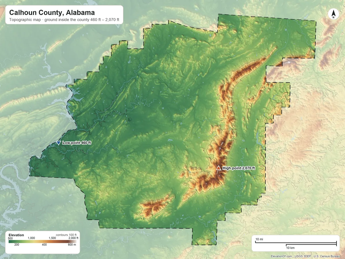 Topographic elevation map of Calhoun County, Alabama, shaded from 460 ft on the west side to 2,070 ft on Morton Hill