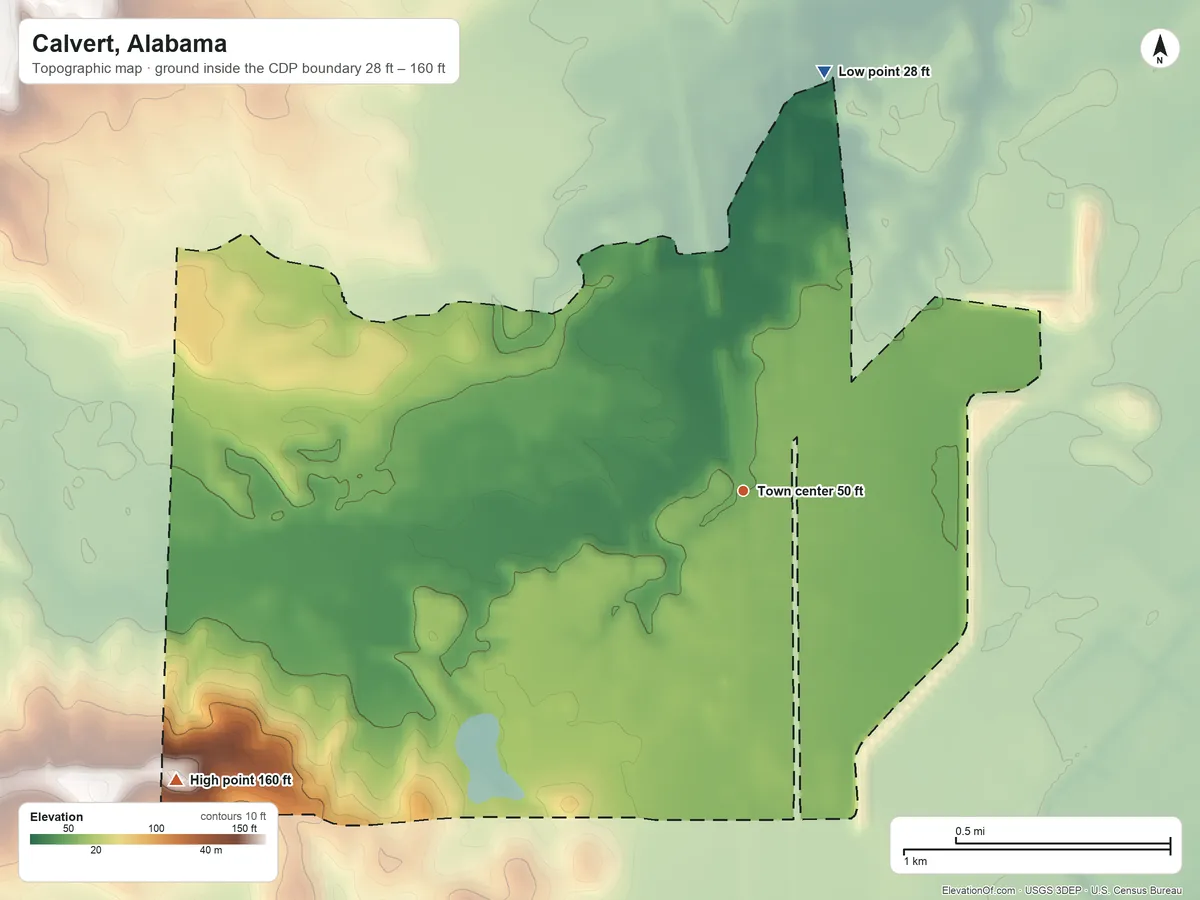 Topographic elevation map of Calvert, Alabama, shaded from 28 ft on the north side to 160 ft on the southwest side