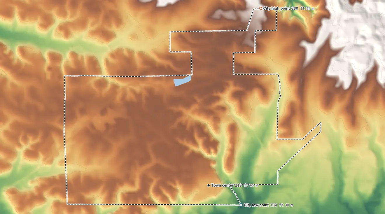 Topographic elevation map of Camden, Alabama, shaded from 130 ft on the southeast side to 280 ft on the north side