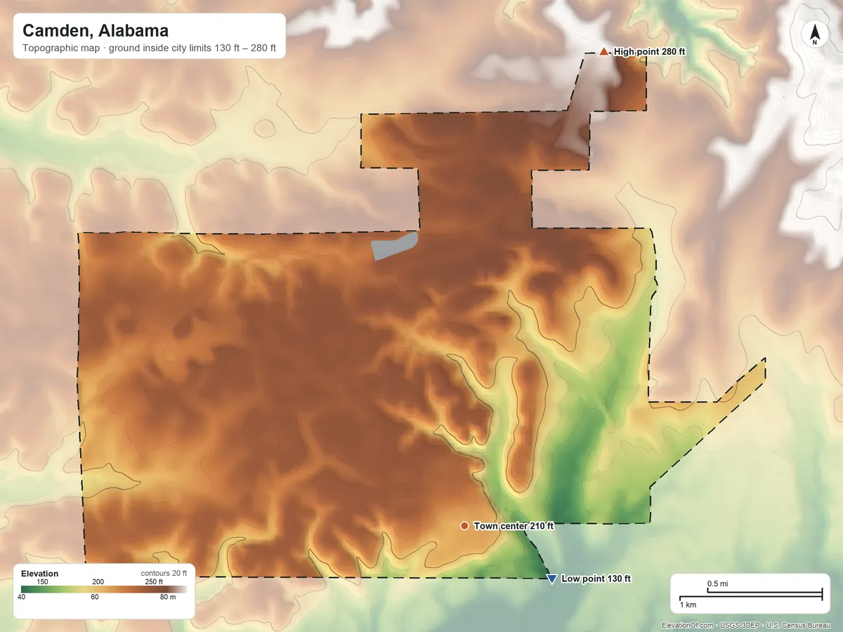 Topographic elevation map of Camden, Alabama, shaded from 130 ft on the southeast side to 280 ft on the north side
