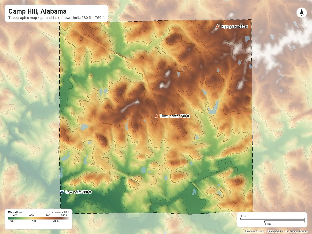 Topographic elevation map of Camp Hill, Alabama, shaded from 580 ft on the southwest side to 760 ft on the northeast side