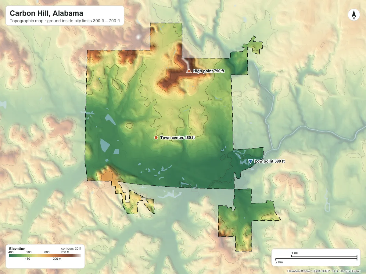 Topographic elevation map of Carbon Hill, Alabama, shaded from 390 ft on the east side to 790 ft on the northeast side