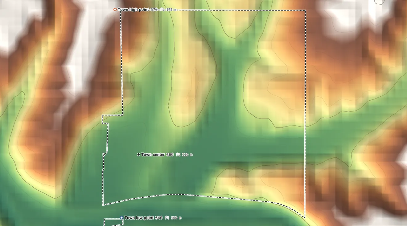 Topographic elevation map of Cardiff, Alabama, shaded from 340 ft on the south side to 570 ft on the north side