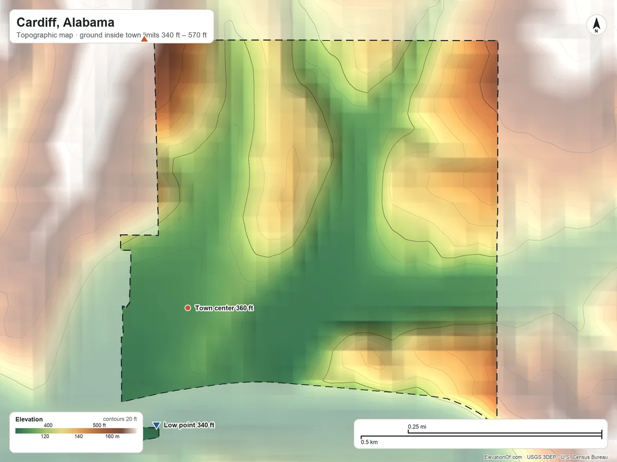 Topographic elevation map of Cardiff, Alabama, shaded from 340 ft on the south side to 570 ft on the north side