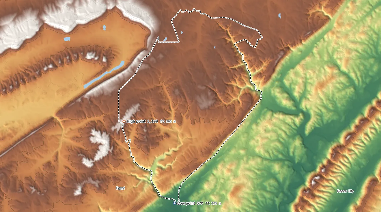 Topographic elevation map of Carlisle-Rockledge, Alabama, shaded from 570 ft on the south side to 1,190 ft on Walker Mountain