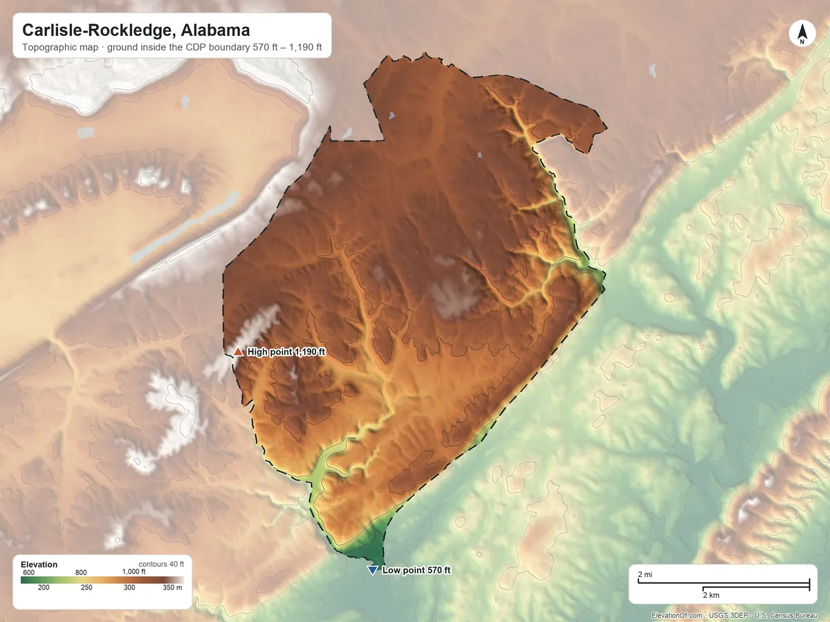 Topographic elevation map of Carlisle-Rockledge, Alabama, shaded from 570 ft on the south side to 1,190 ft on Walker Mountain
