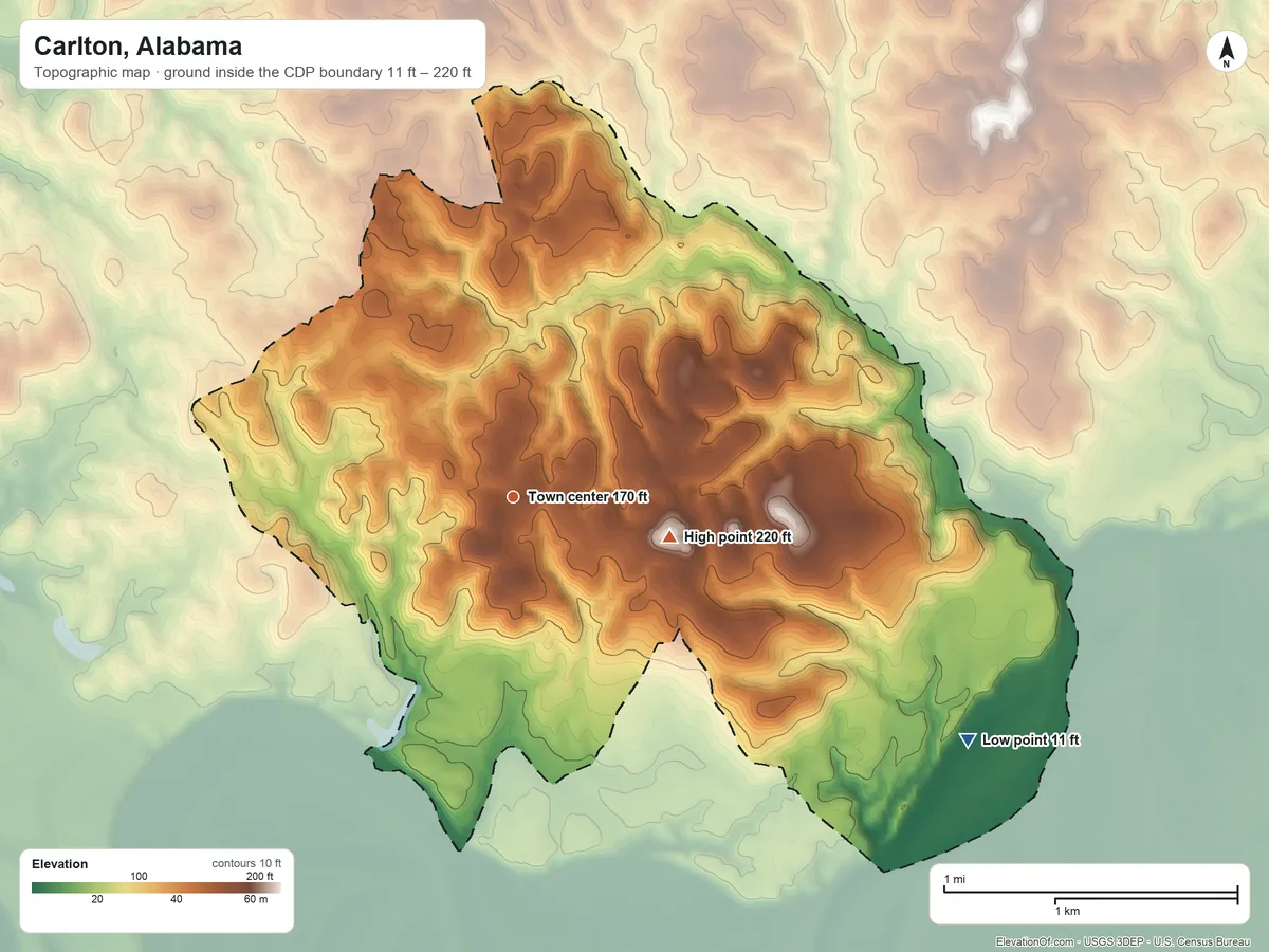 Topographic elevation map of Carlton, Alabama, shaded from 11 ft on the southeast side to 220 ft on the east side