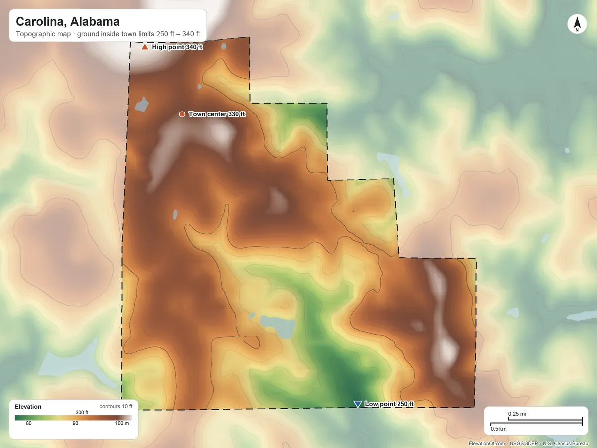 Topographic elevation map of Carolina, Alabama, shaded from 250 ft on the southeast side to 340 ft on the northwest side