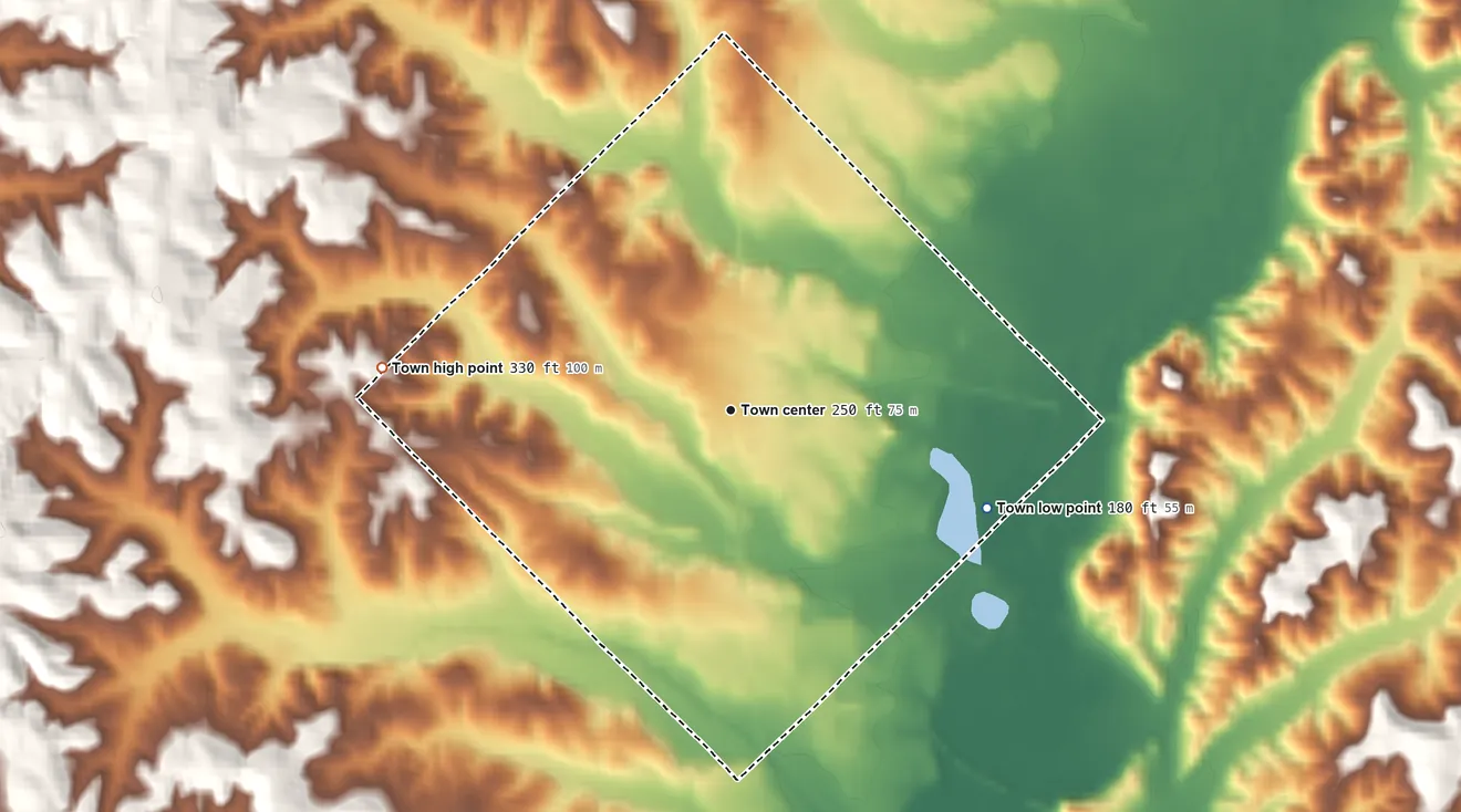 Topographic elevation map of Carrollton, Alabama, shaded from 180 ft on the east side to 330 ft on the west side