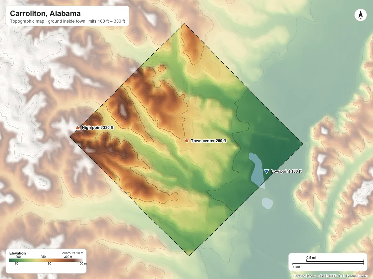 Topographic elevation map of Carrollton, Alabama, shaded from 180 ft on the east side to 330 ft on the west side