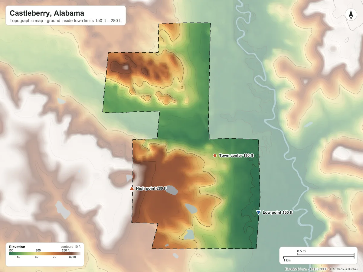 Topographic elevation map of Castleberry, Alabama, shaded from 150 ft on the southeast side to 280 ft on the west side