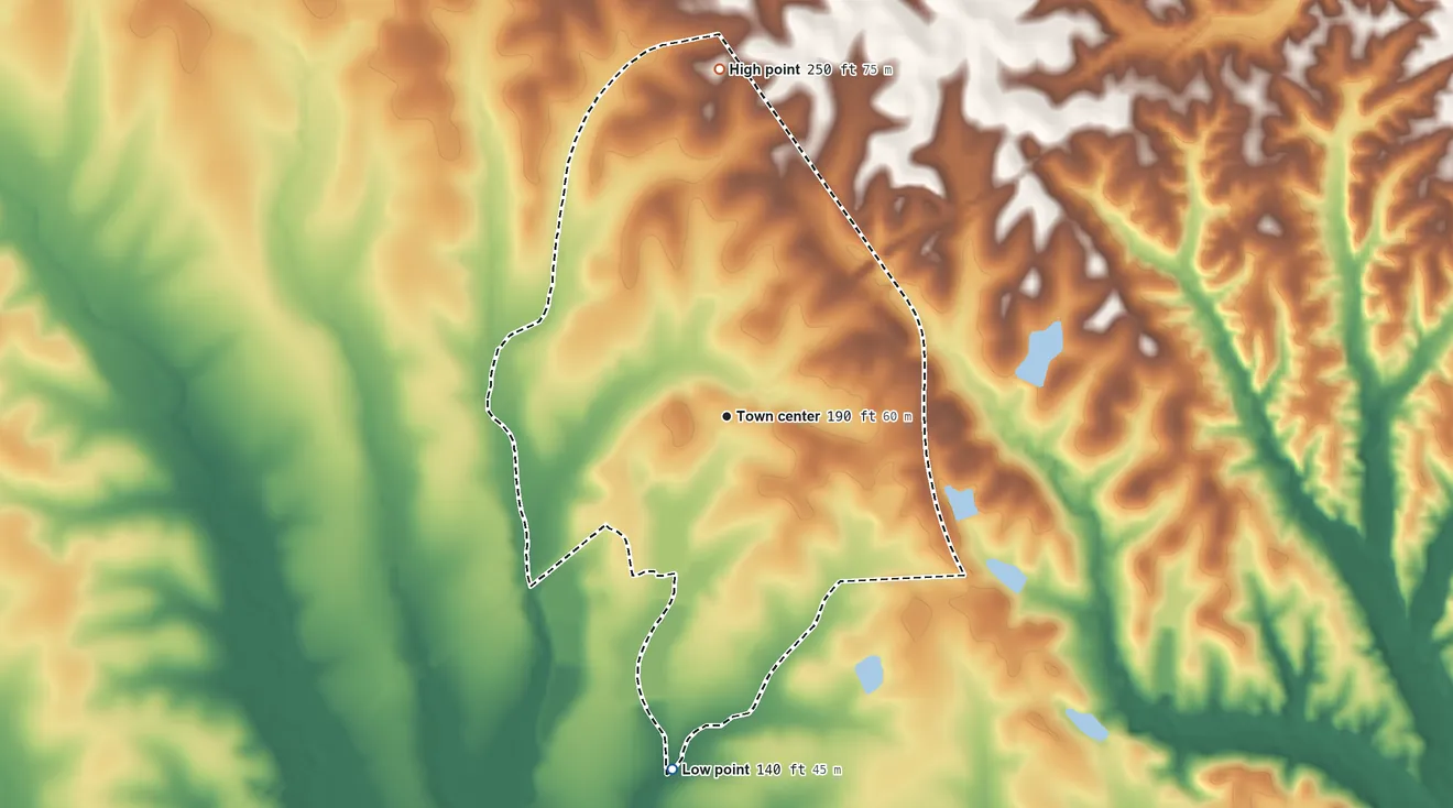 Topographic elevation map of Catherine, Alabama, shaded from 140 ft on the south side to 250 ft on the north side